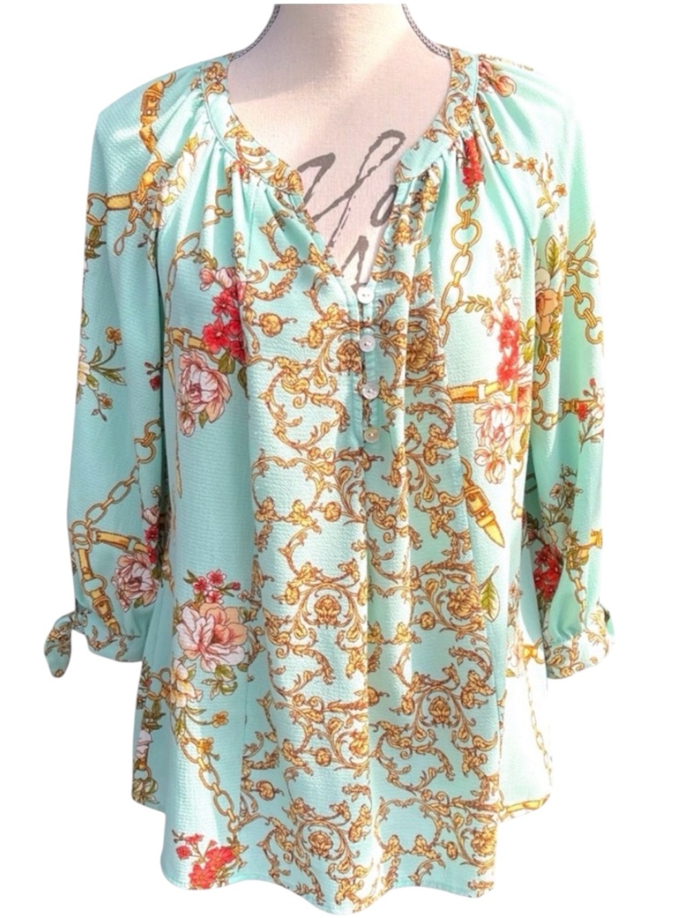 Olive Hill Mint Green/Pink Floral Chain Print 7/8 Tie Cuff Sleeve Boho Top (M)